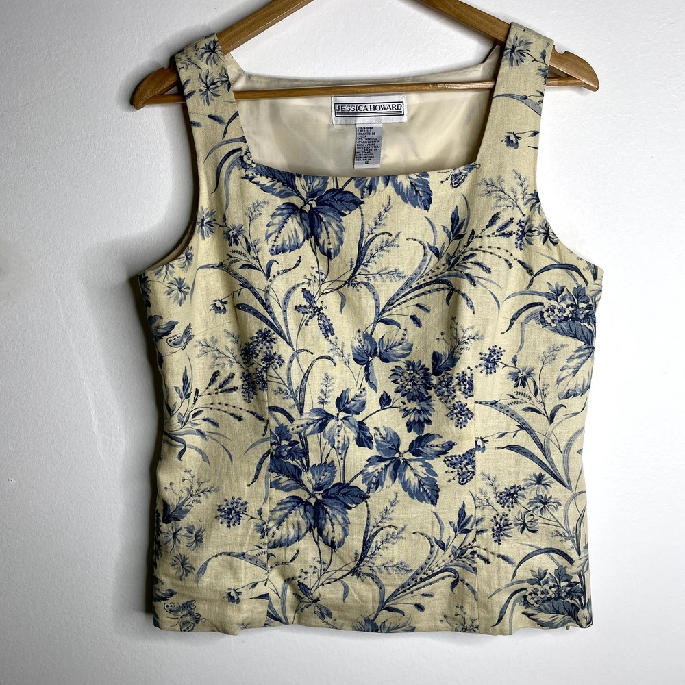 Vintage JESSICA HOWARD Linen Beaded Square Neck Tank Top Floral Ivory Blue 12